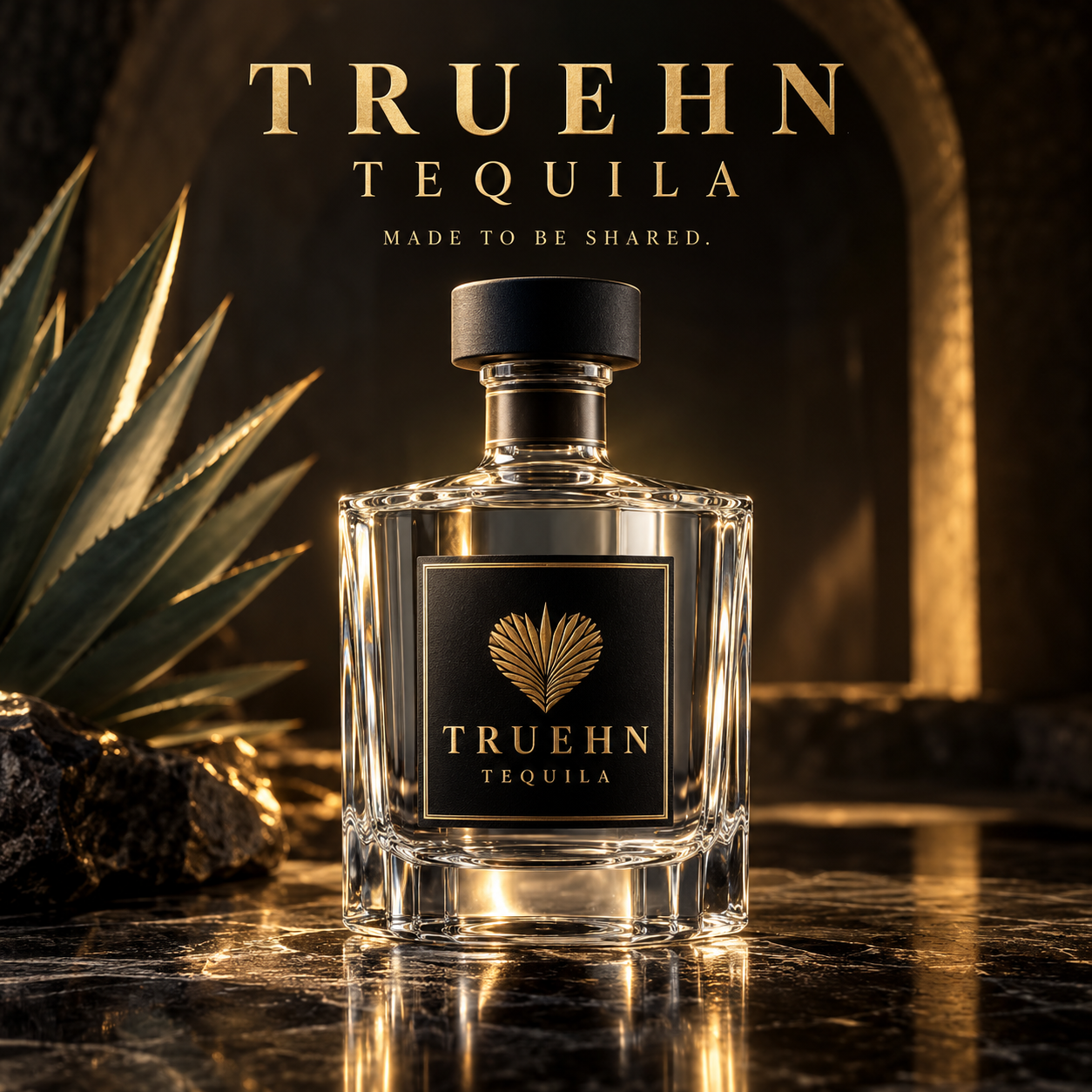 TRUEHN Tequila bottle on black marble with golden light